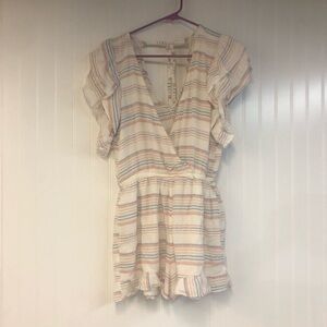 American Eagle Pink Blue Striped V-Neck Ruffle Romper VNeck Medium Lightweight